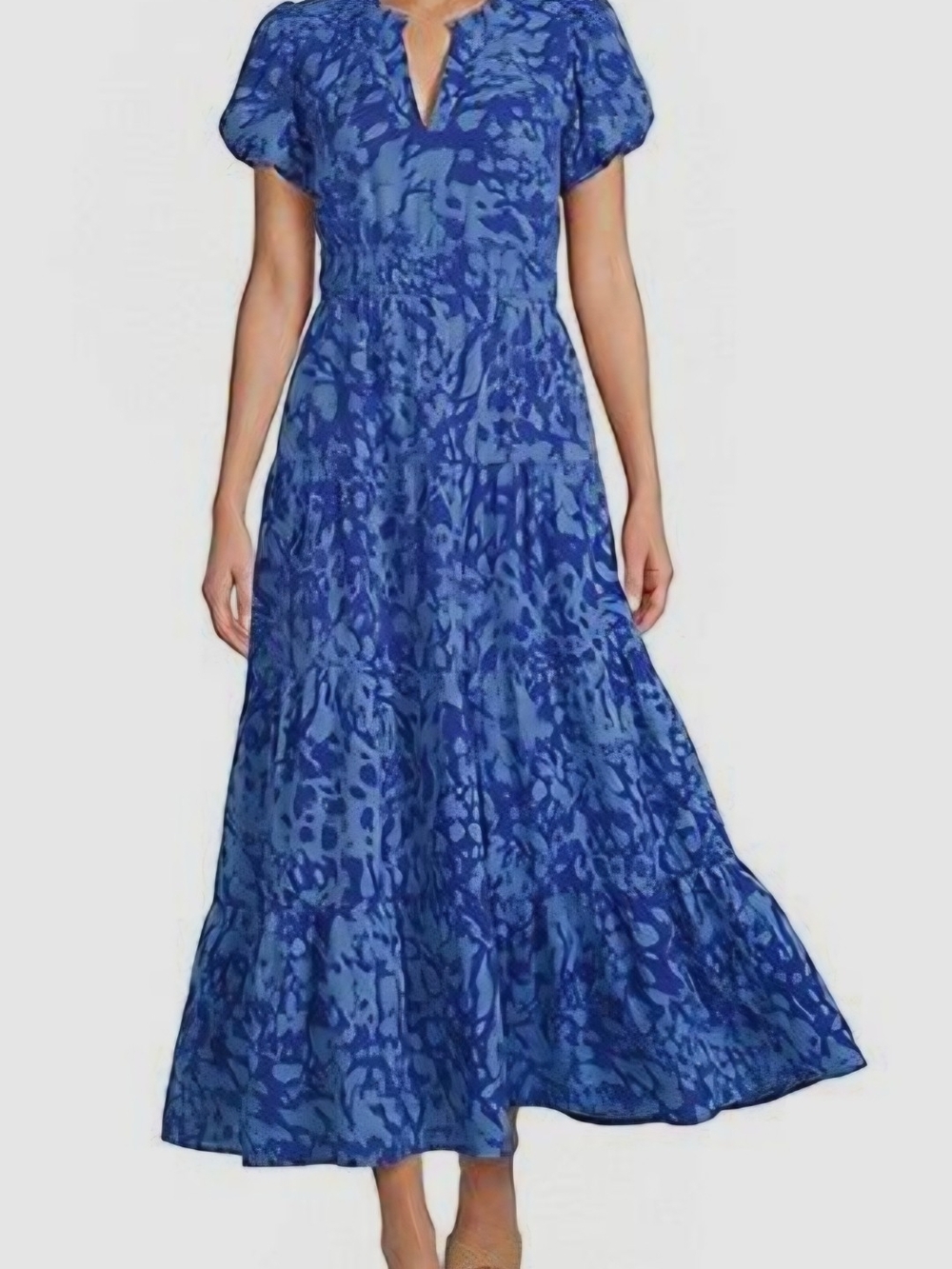 Women's Blue Printed Maxi Dress with Short Sleeves
